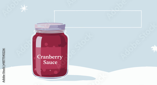 Jar of cranberry sauce on snowy background with snowflakes