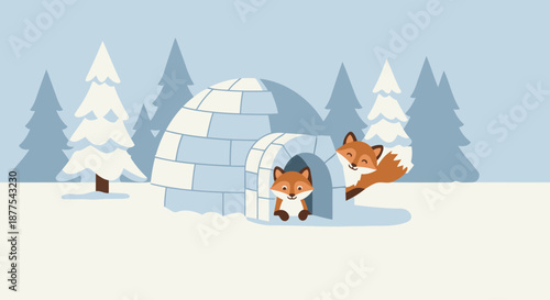 Cute foxes playing in a snow-covered forest next to an igloo.
