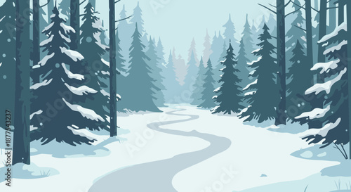Snowy pine forest path, a winding trail through snow-laden evergreen trees. Cold winter landscape, serene woodland scene.