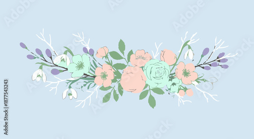 Soft pastel floral arrangement with snowdrops on a light blue background.