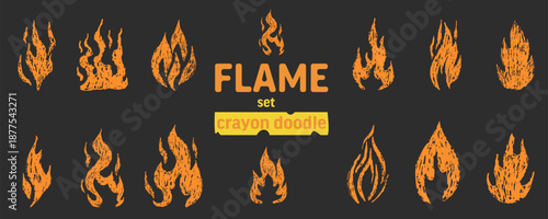 Chalk Fire flame set grunge hand drawn crayon, chalk. Tattoo abstract y2k vintage simple shape. Scrapbook sticker with brush or crayon fire. Graffiti doodle.