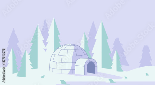 Animated igloo with snow-covered pine trees in arctic landscape.