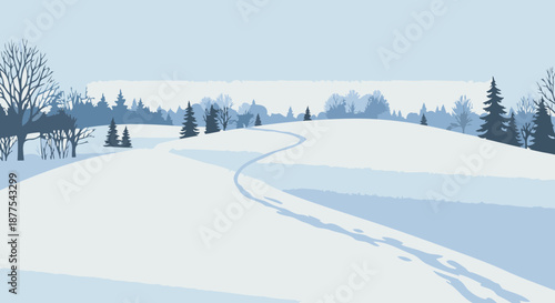 A winding snow-covered path leads through a serene winter landscape with bare trees and evergreen forests under a pale sky.