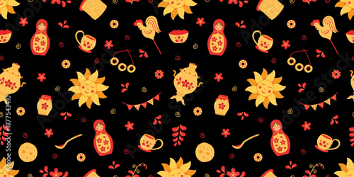 Seamless pattern Maslenitsa is a traditional holiday marking the end of winter. Background Shrovetide. Vector doodle illustration wallpaper.