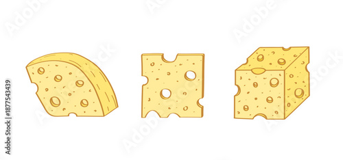 A set of pieces of cheese with holes. Vector illustration of dairy products cheeses.