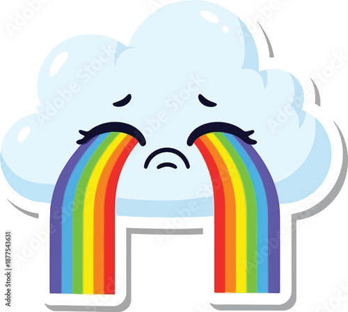 Sad cloud emoji shedding rainbow liquid tears with closed eyes and depressed face expression weather character sticker