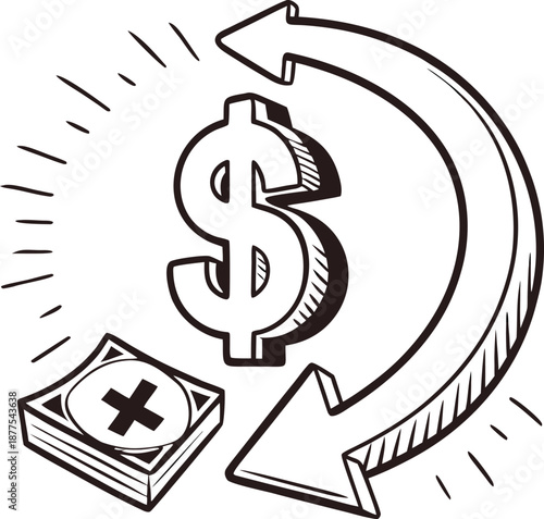 Financial Cycle: An illustration depicting the circular flow of finance, where money is exchanged within an economy, along with an indication of economic loss.