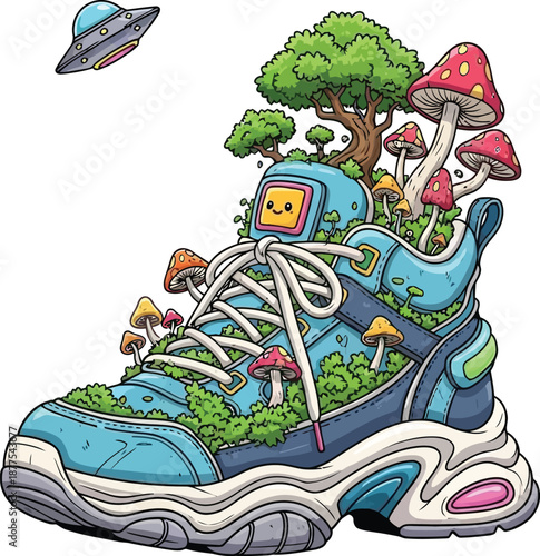 Sneaker with forest growing inside, mushrooms, trees, and UFO flying in sky