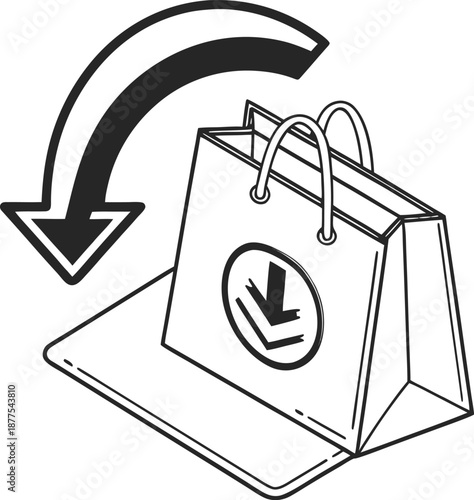 E-commerce Download Concept: This graphic presents a streamlined view of online shopping, where a stylized shopping bag is ready for a digital download.