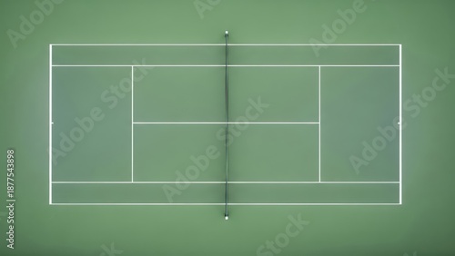 Aerial minimalist tennis court photograph green and white sports venue with copy space