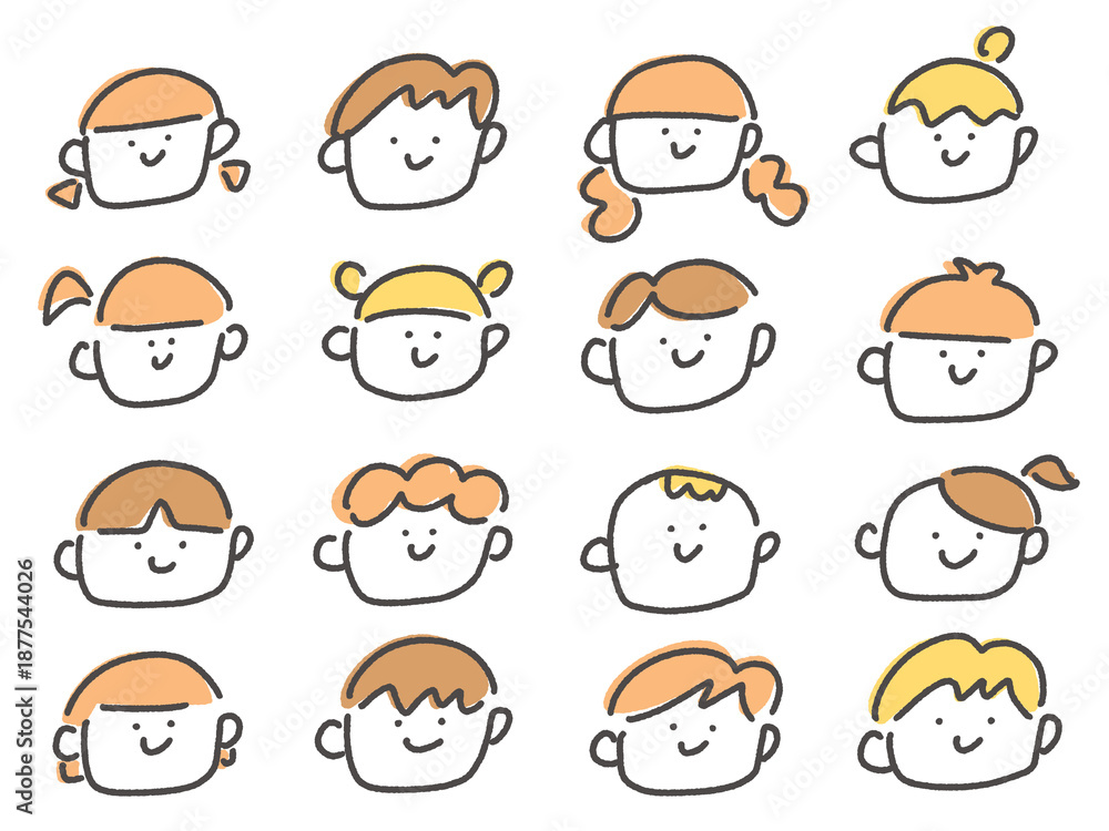 Fototapeta premium 手描きの笑顔がかわいい子供達の顔アイコンセット 10代・20代・多様性
