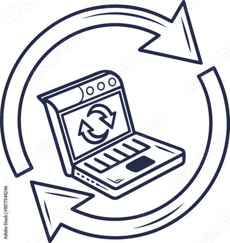Recycle Laptop: Depicting a laptop within a recycling symbol, it symbolizes technological reuse, and environmental protection.