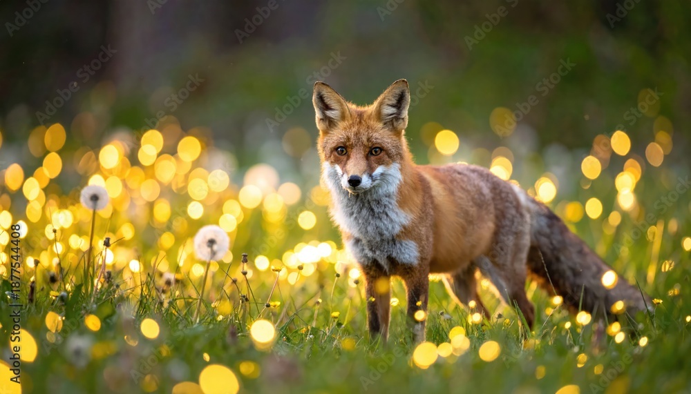 Obraz premium A curious fox standing in a field of yellow flowers and green grass, bathed in sunlight. The fox is looking directly at the camera.