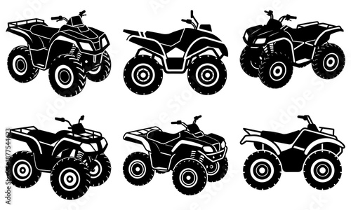 Six Black A T V Quad Bike Silhouettes on White Background
