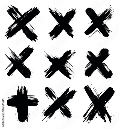 Hand drawn grunge brush stroke symbols set featuring multiple 'x' marks and a plus sign for design and correction purposes
