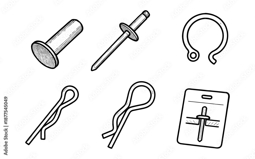 Fototapeta premium Hand drawn fasteners collection: rivet, circlip, split pin, and more