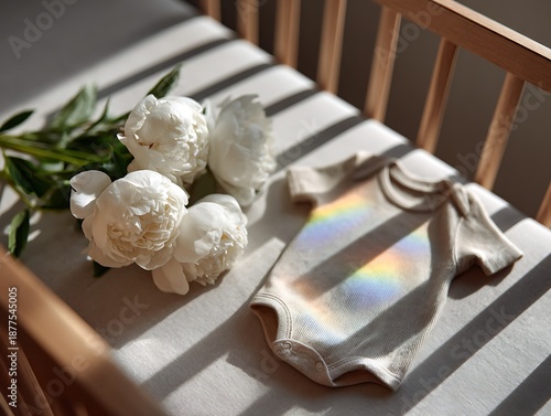 Baby bodysuit and white peonies with rainbow light on crib mattress. Symbol of rainbow baby pregnancy after pregnancy loss. Indoor scene, strong copy space, sunlight shadows