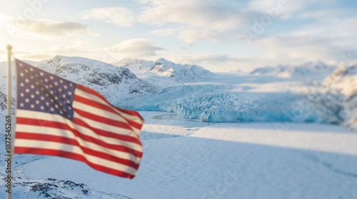 United States flag and Arctic landscape background. Copy space.