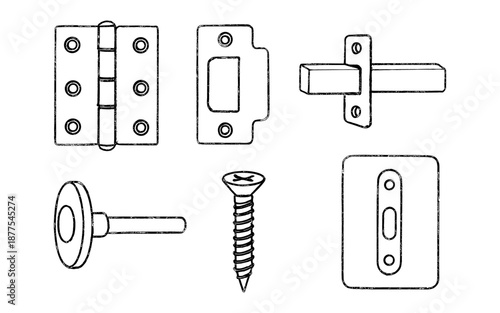 Hand drawn hardware set featuring hinges, locks, screws, and handles