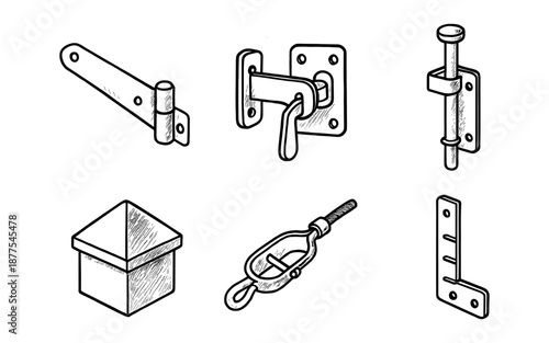 Hand-drawn hinges and hardware set for doors and gates