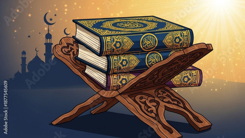 Stack of Quran books on a wooden stand Islamic calligraphy and mosque silhouette in background concept of faith and devotion