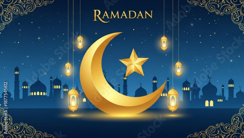 Golden crescent moon and star with Ramadan lanterns Islamic mosque silhouette and decorative border on a starry night sky