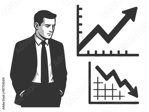 serious businessman standing beside a chart with rising and falling arrows, symbolizing market volatility and economic analysis sketch engraving generative ai fictional character vector illustration. 