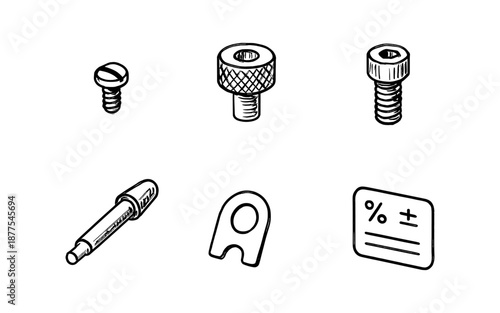 Hand drawn hardware components and mathematical symbols on white background