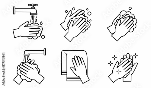 Washing hands icon set. Featuring water tap, soap bubbles, hand rubbing, drying with towel, and clean sanitized hands symbols