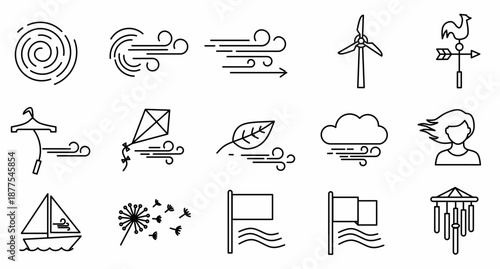 Wind icon set. Featuring breeze symbols, wind turbine, weather vane, kite, sailing boat, and dandelion seeds