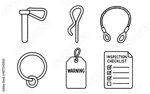 Safety equipment icons: rope, tags, and inspection checklist in black and white