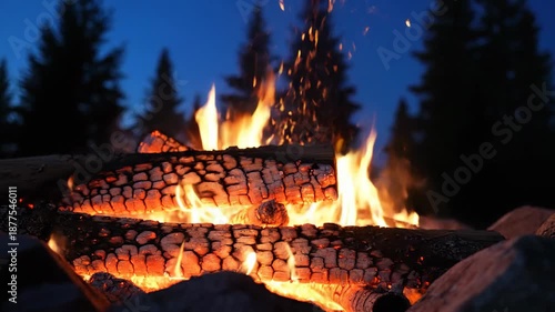 Burning campfire at night with flames and glowing embers in the forest.