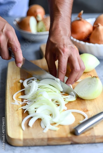 Chef Hands Slicing Fresh White Onions on Wooden Cutting Board