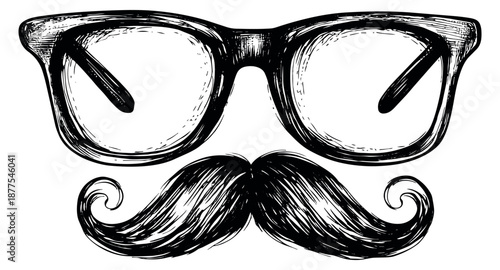 Hand drawn line art illustration of glasses and a mustache depicting a classic masculine style for retro fashion or avatar design