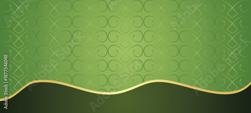Green background with elegant gold wave border and dark bottom area