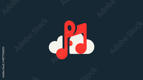 A musical note graphic, set against a cloud backdrop, colored red and white over a dark blue background