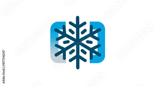 A blue and white minimalist illustration of a snowflake inside of a rectangular shape with rounded corners