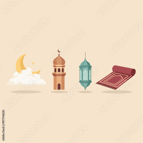 Ramadan Kareem greeting with a crescent moon, mosque, lantern, and prayer mat in a flat design illustration
