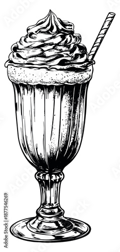Hand drawn line art illustration of a milkshake depicting whipped cream and a wafer stick for a dessert menu