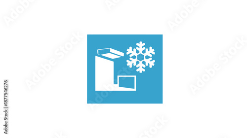 Blue square contains stylized white images a structure with open top and snowflake