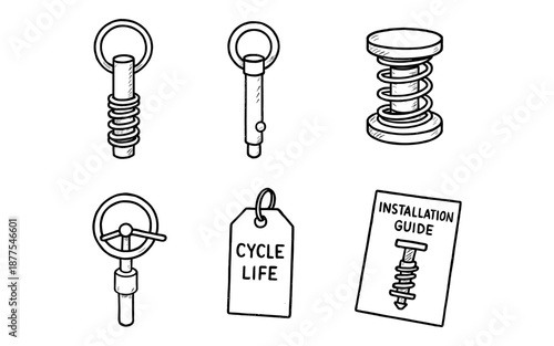 Hand-drawn mechanical parts with installation instructions and cycle life tag