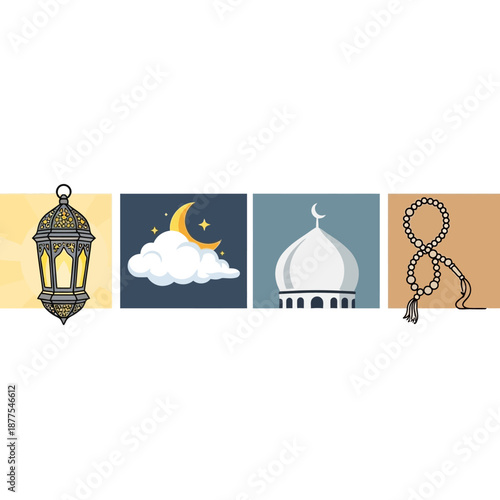 A Ramadan Themed Collection of Islamic Icons Featuring a Lantern, Crescent Moon, Mosque Dome, and Prayer Beads Symbolizing Faith and Celebration