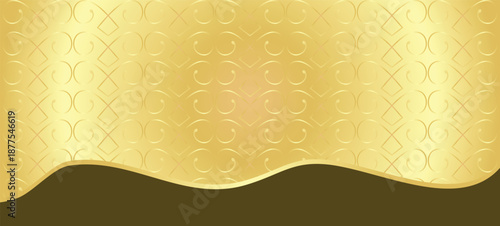 Elegant gold background template with wavy black footer border and abstract repeating swirl pattern banner design.