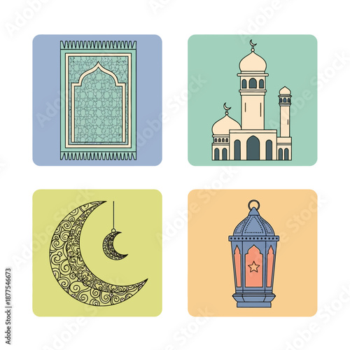 A set of four essential Islamic symbols in vibrant illustrative style, featuring a sacred prayer rug, majestic mosque, decorative crescent moon, and elegant traditional lantern