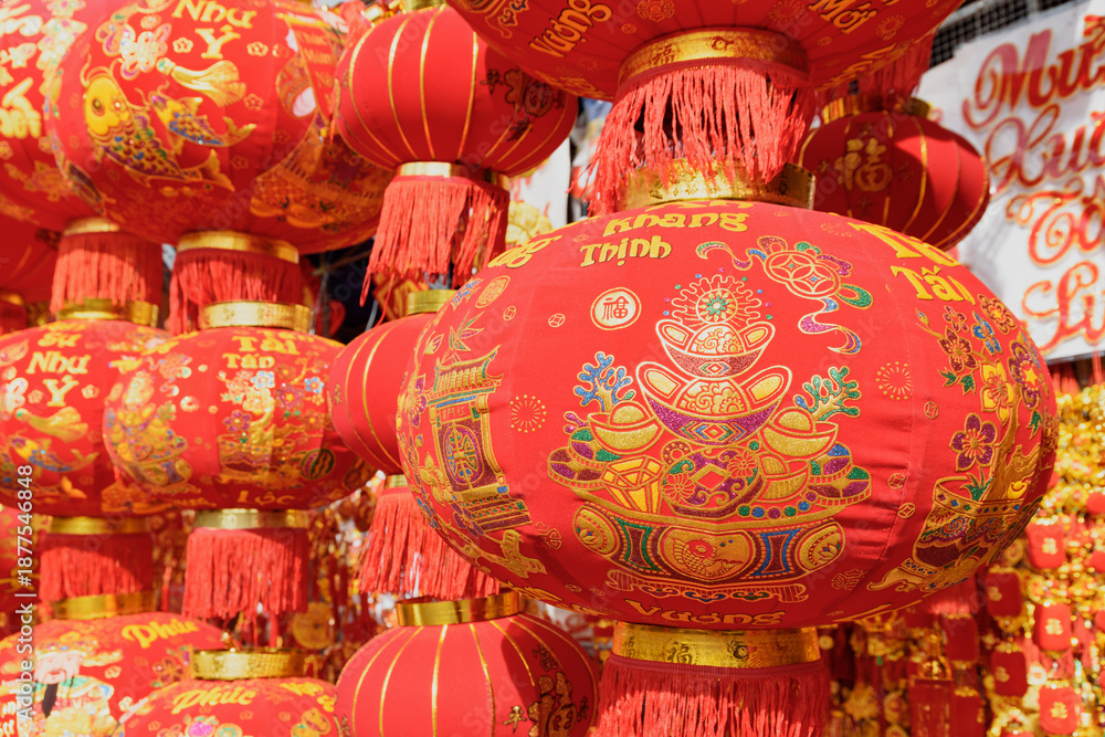 Fototapeta premium Closeup view of traditional red lanterns at New Year market