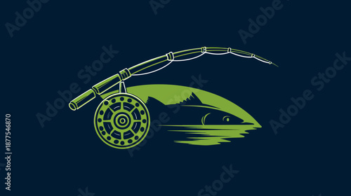 Stylized illustration featuring fishing rod with reel over a fish leaping from water.
