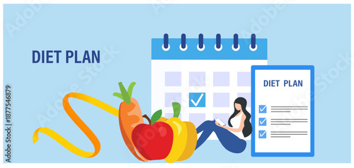 Healthy diet plan, woman eat healthy food and planning diet with fruit and vegetable

