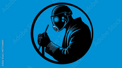 Silhouetted figure wearing a respirator mask inside a black circular frame against blue background