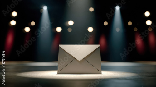 Suspenseful moment unfolds as award envelope awaits announcement on a sleek stage illuminated with soft spotlights