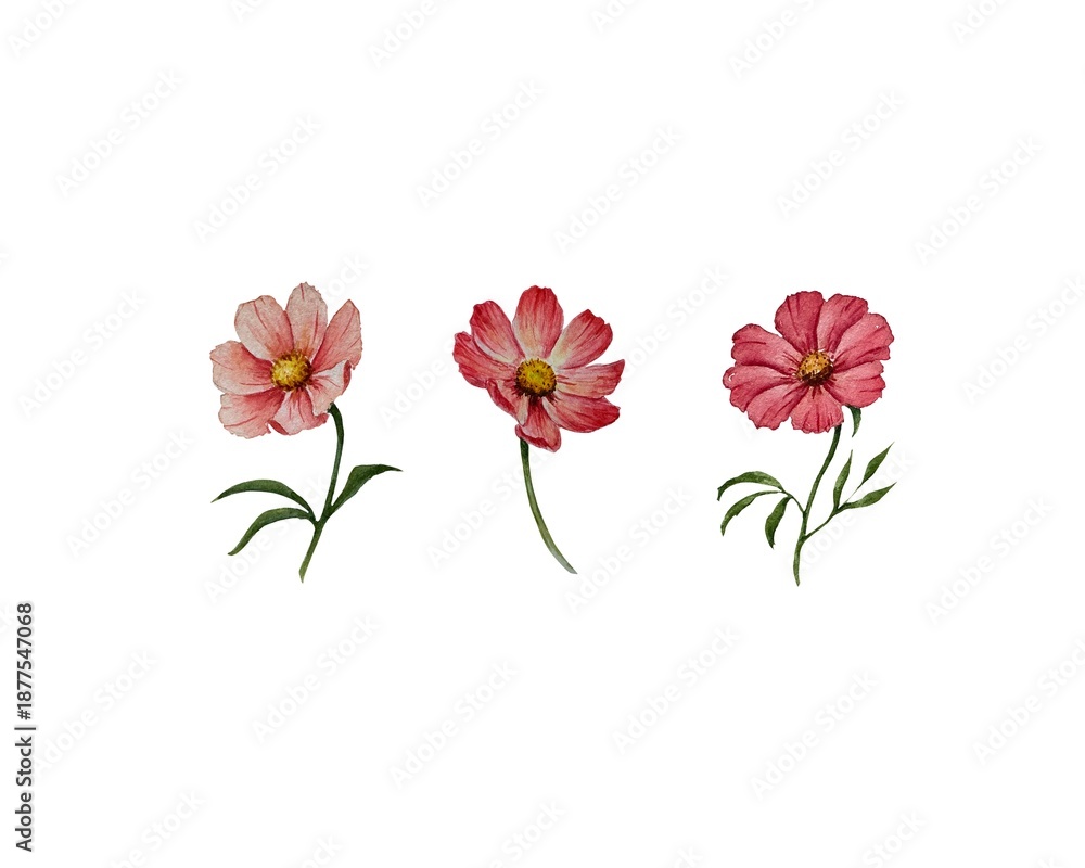 Naklejka premium Set of three hand painted watercolor cosmos flowers isolated on white. Pink and red botanical elements for wedding invitations, greeting cards, and floral design. High quality garden wildflower